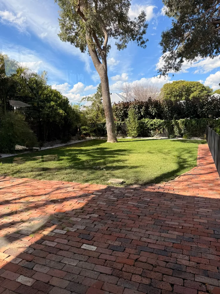 Rear lawn and garden with brick paving under a blue sky