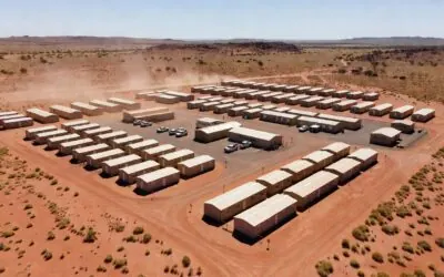 Aerial view of remote FIFO mining camp accommodation village in Western Australia