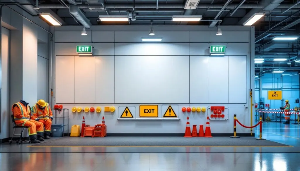 Safety compliance signage and PPE station at a Cameron Facilities mining camp