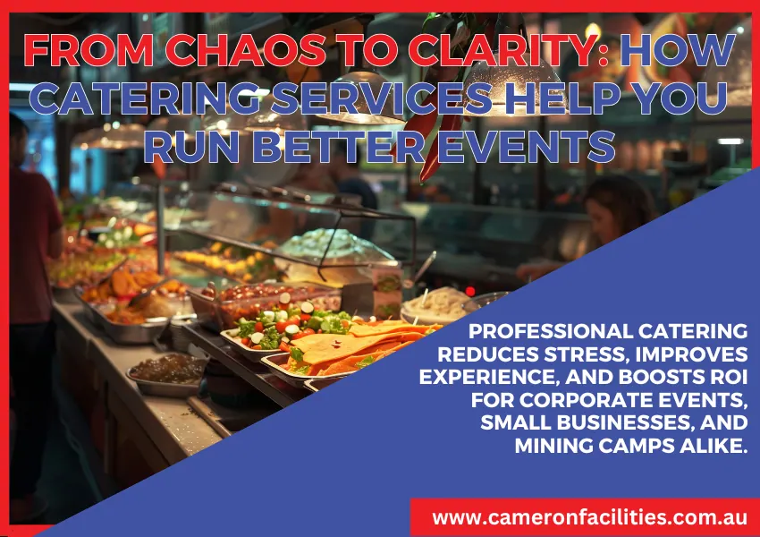 Professionals chatting around a buffet table at a corporate event, with platters of food and drinks in the foreground.