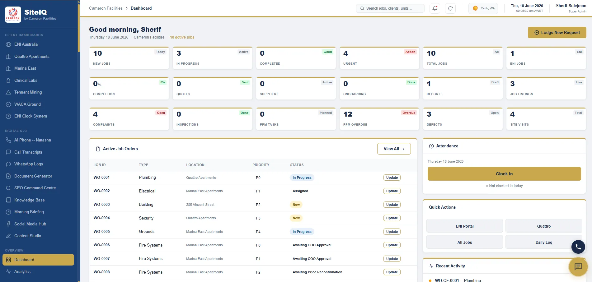 SiteIQ dashboard showing live job counters, active job orders, attendance and quick actions for Cameron Facilities