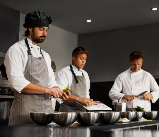 Kitchen staff preparing bulk meals for a large scale catering order