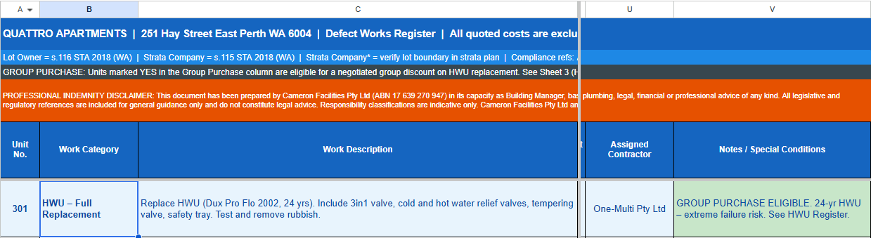 Group purchase opportunity analysis table for strata hot water unit replacement showing individual unit cost of $3,000 plus GST and projected group discount savings between $4,500 and $6,000 plus GST across 10 eligible apartments.