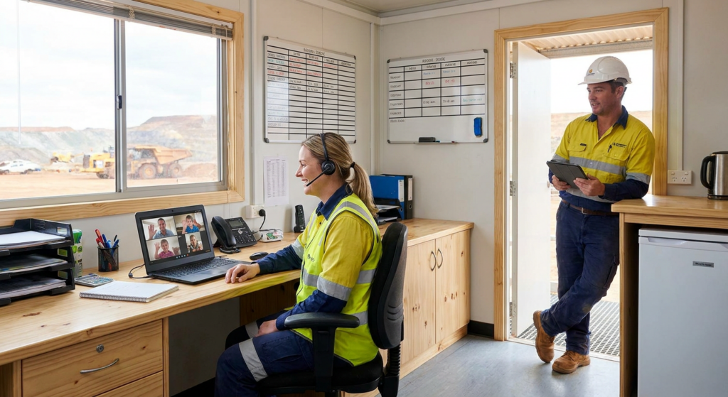 FIFO worker connecting with family via video call at a remote mining camp in Western Australia, supported by a structured mental health program