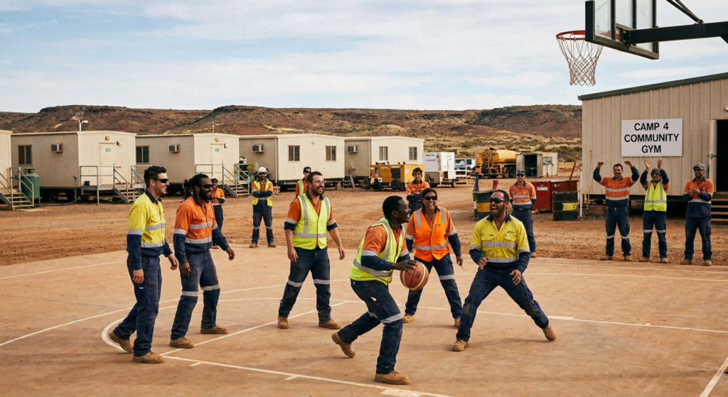 FIFO workers using a purpose-built gym and recreation facility at a remote Western Australian mining camp