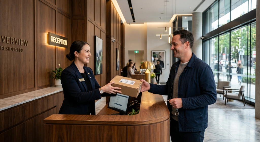 Concierge staff assisting a resident with parcel collection in a Perth building
