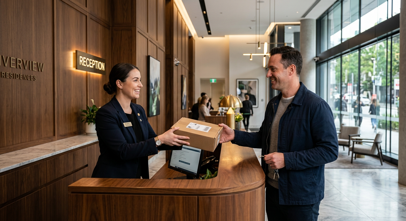 Concierge handing a resident a parcel at a building reception desk
