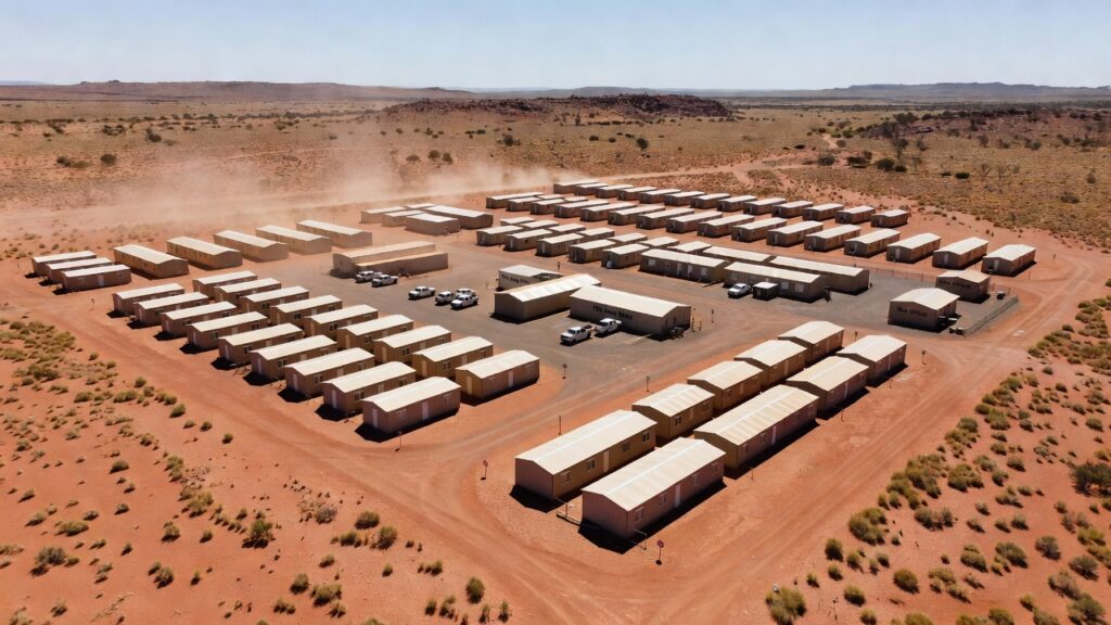 Aerial view of remote FIFO mining camp accommodation village in Western Australia