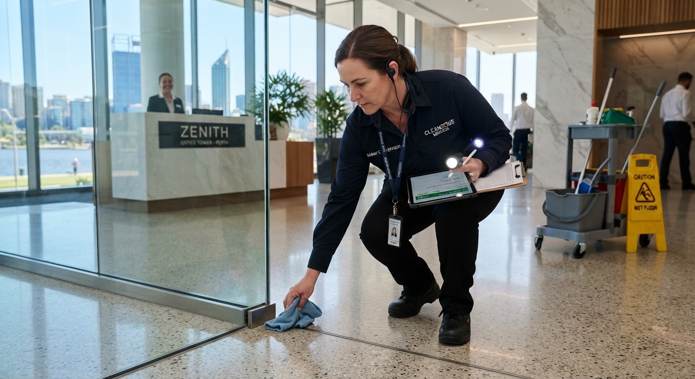Cleaning supervisor conducting a quality audit inspection