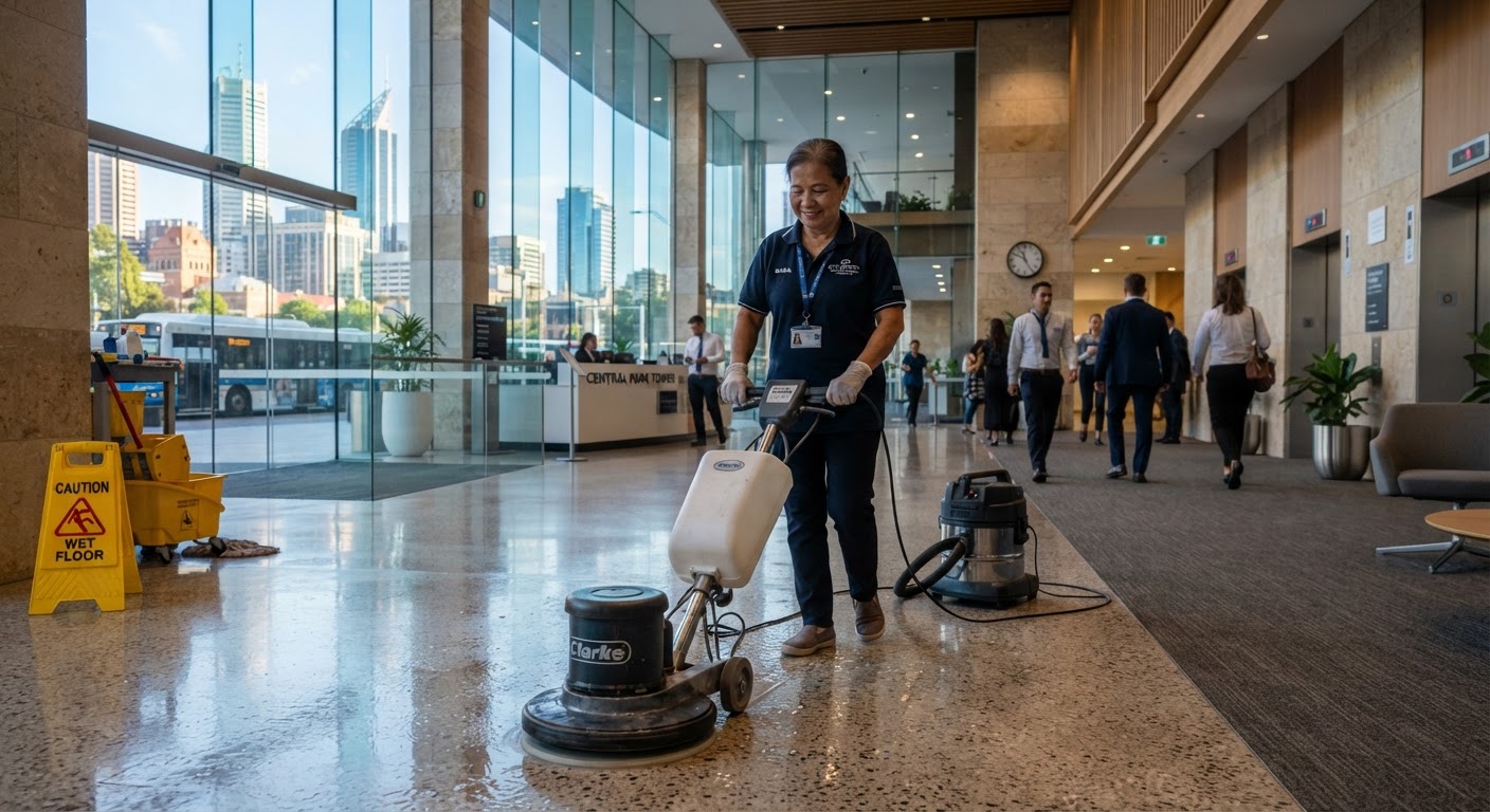 Commercial cleaner in Perth CBD office foyer performing floor maintenance