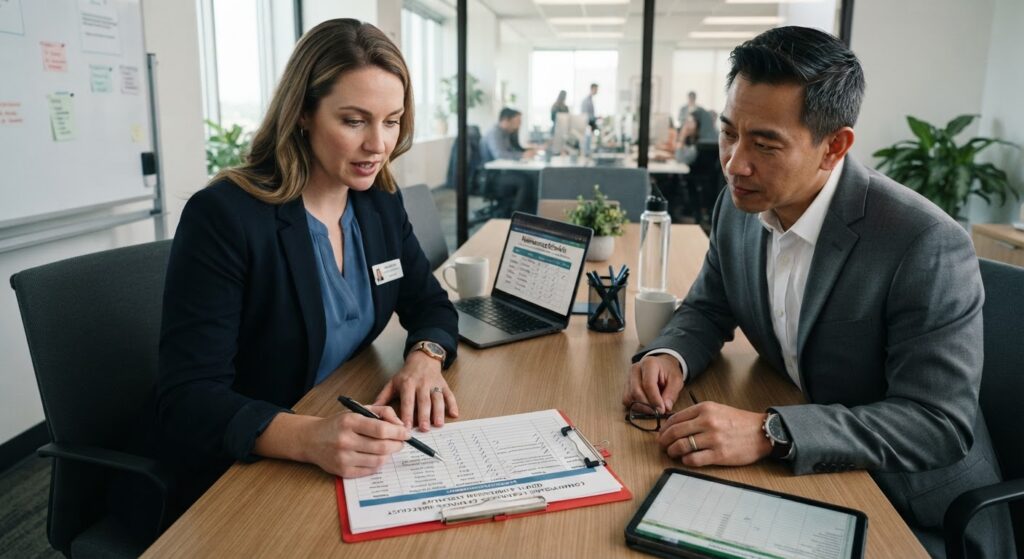 Facilities manager reviewing commercial cleaning quote comparison checklist with supervisor
