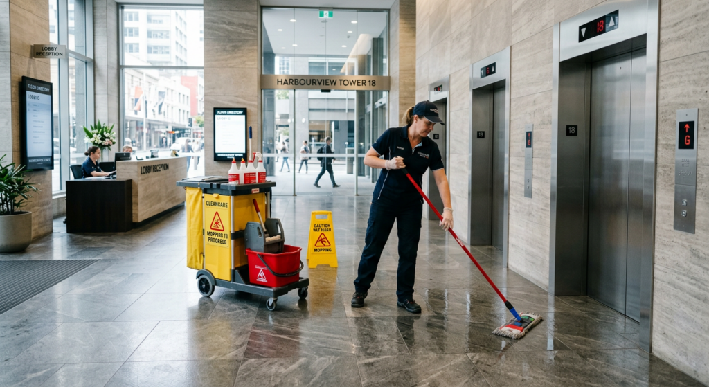 Professional cleaner servicing a lift lobby in a Perth strata building