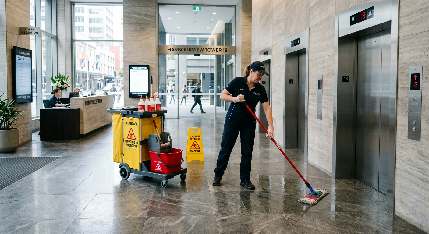Cleaner mopping a strata building lift lobby floor