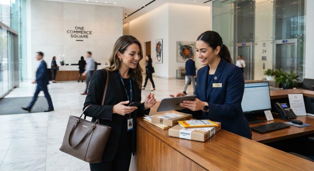 Concierge assisting tenant with delivery coordination in commercial building lobby