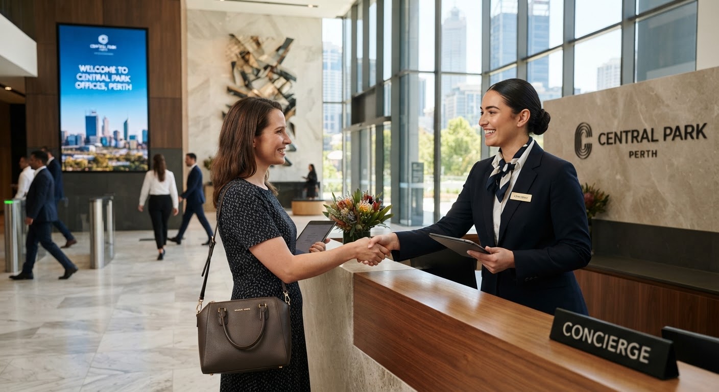Professional concierge greeting visitor in Perth commercial office building lobby