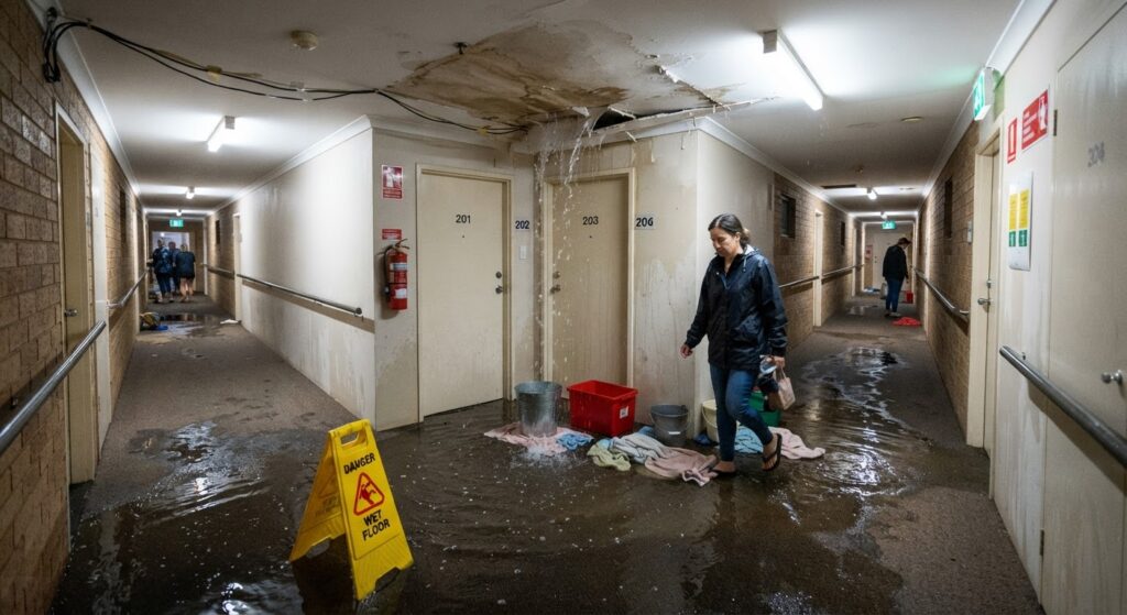 Storm damage to a Perth strata building, including roof leaks and flooded common area corridor